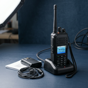 Digital two-way radio in charging dock with headset and spare battery
